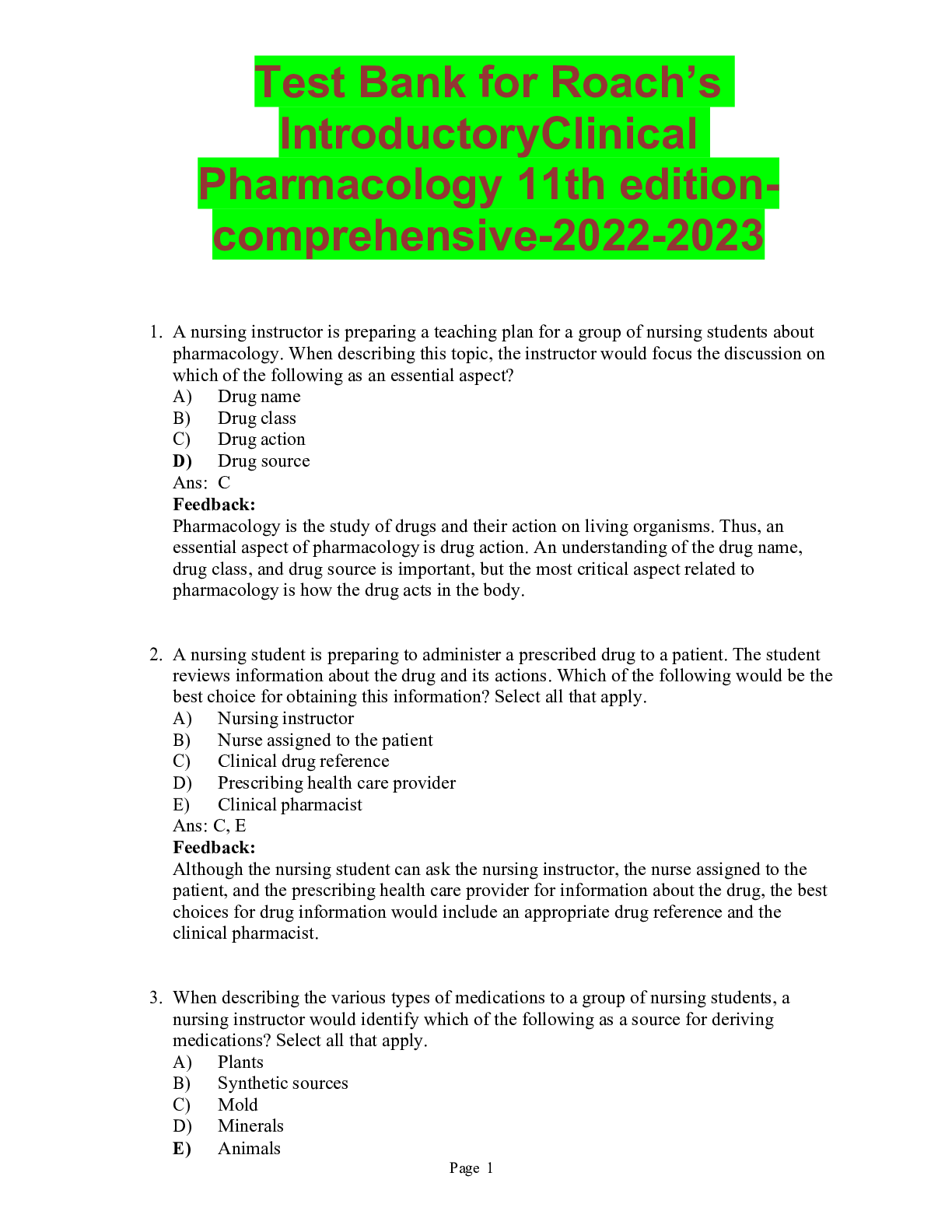 Preview of TestBank for Roach’s Introductory Clinical Pharmacology 11th edition -comprehensive-2022-2